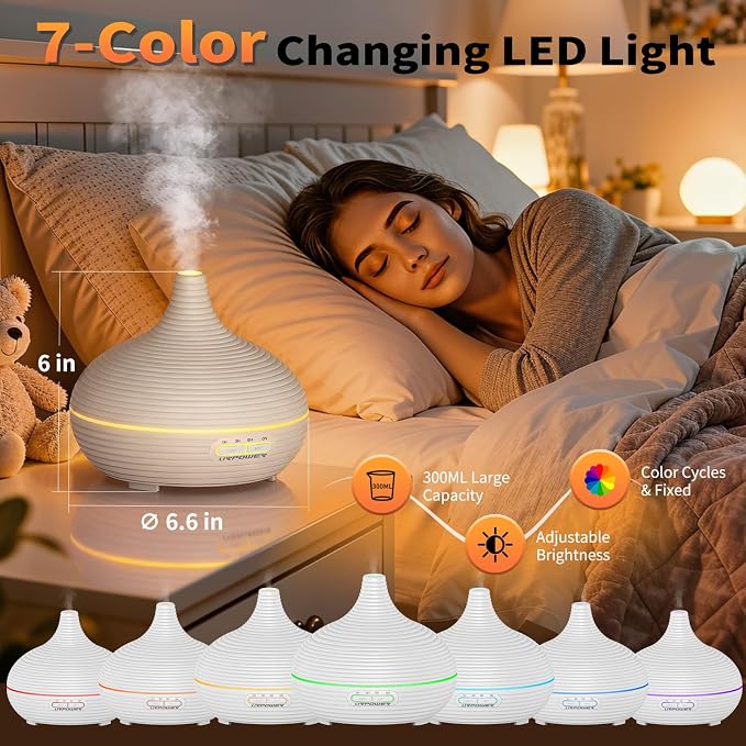 URPOWER 300ml Sleep Diffuser for Bedroom, All-Night Essential Oil Diffuser, Quiet Ultrasonic Cool Mist, Auto-Off & Timer, 7 LED Color Diffusers Humidifier for Home Office & Large Rooms
