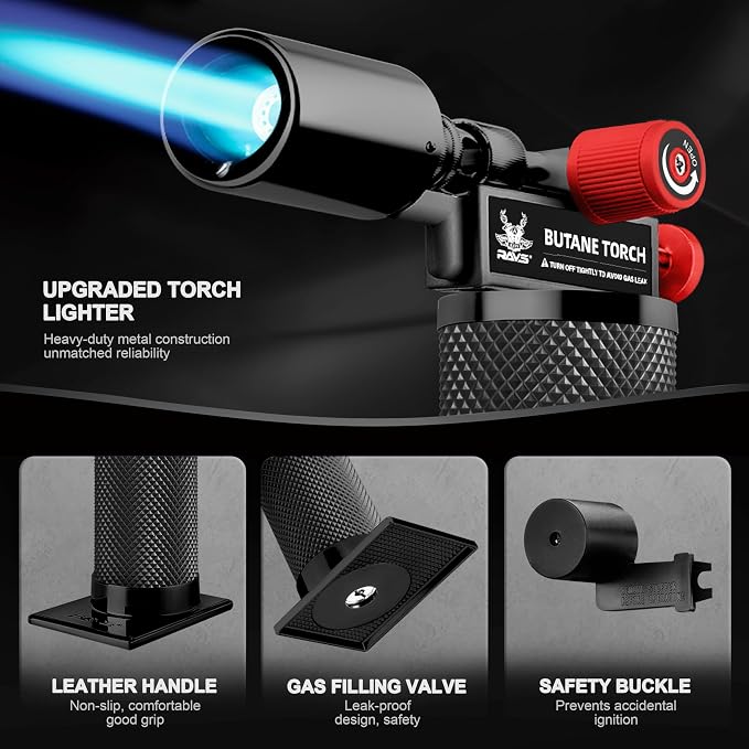 RAVS Butane torch, Kitchen Torch Lighter with Adjustable Flame & Safety Buckle, Creme Brulee Torch for Cooking, Dessert, Baking, Gifts for Men and Women (Black/Red), Butane Gas Not Included