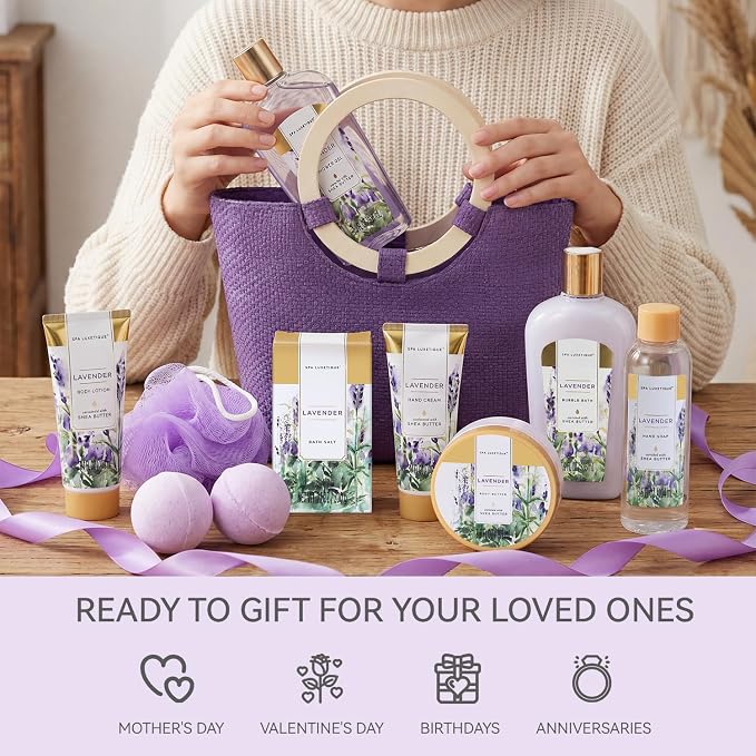 Spa Luxetique Gift Baskets for Women, Spa Gifts for Women - 10pcs Lavender Bath and Body Sets with Body Lotion, Bubble Bath, Relaxing Spa Sets, Birthday Mothers Day Gifts for Mom