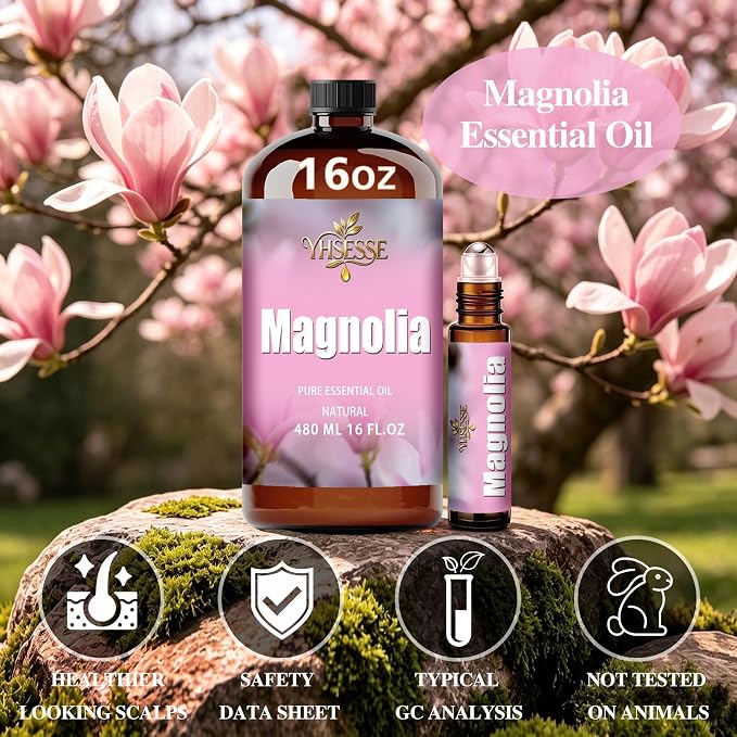 Magnolia Essential Oil, Magnolia Oil 16 Fl Oz 480ml for Diffuser Yoga Soap & Candle Making – with 0.33 Oz Roller Ball & Funnel YHSESSE Essential Oils