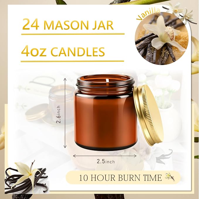 24 Pcs 4 Oz Mason Jar Candles, Vanilla Scented Soy Candles Bulk Set for Stress Relief and Relaxation, Great Favors for Wedding, Christmas, Housewarming Gifts (Gold,Amber Glass, Vanilla, 24)