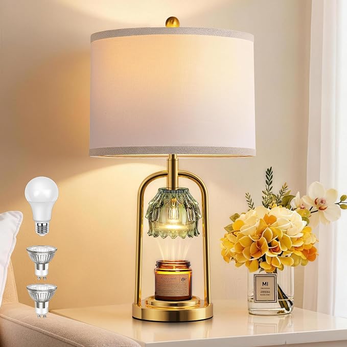QiMH Candle Warmer Lamp with Timer Dimmer, Modern Table Lamp Wax Warmer for Scented Wax Jar, Glass Lamp Candle Warmer with 2 Bulbs, Women Gifts, House Warming Gifts, Home Decor, Brushed Gold Green