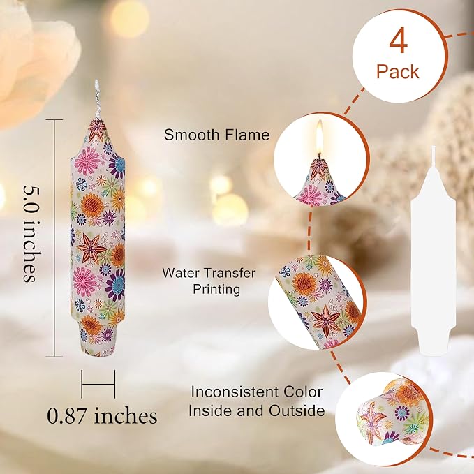 5 inch Short Candle Floral Candle Sticks Seashell Printed Candles Stick Handmade Unscented Taper Candle 4 Pack Flower Tapered Candles for Evening Wedding, Bohemian Seaside Theme Home Decor