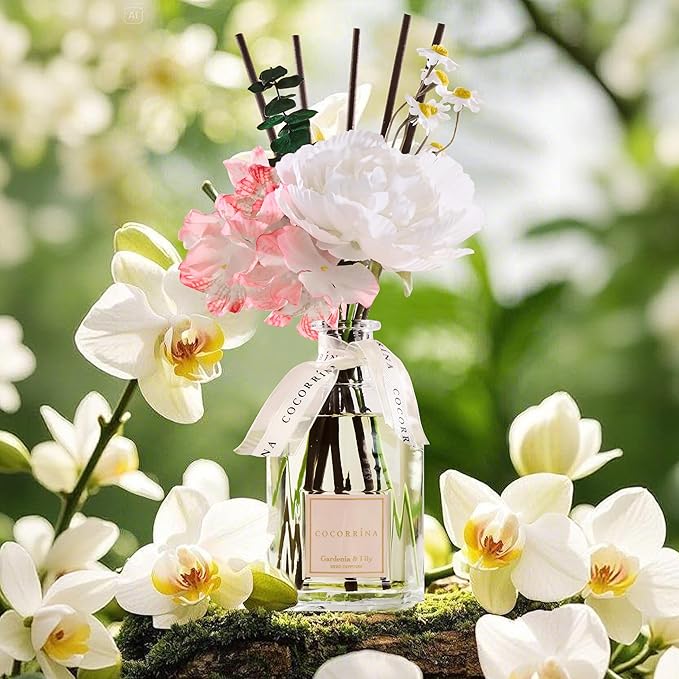 COCORRÍNA Reed Diffuser - Gardenia & Lily 8.5 Fl.oz Flower Reed Diffuser with Sticks, Bedroom Bathroom Shelf Decor (Floral Basket Collection)