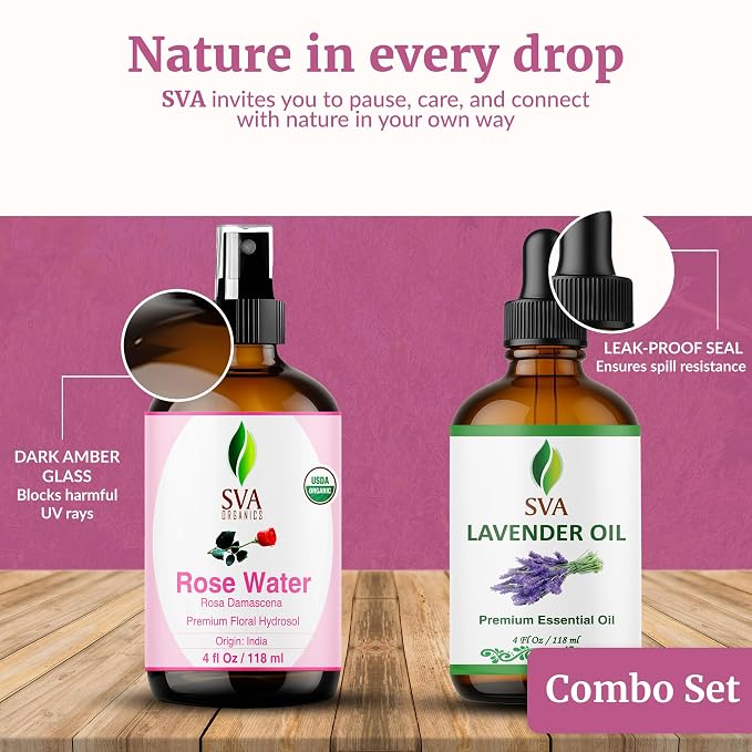 SVA Rose Water and Lavender Essential Oil 4 oz Bundle Super Saver Combo – Premium Grade Bundle Set for Hair Oiling, Scalp Massage, Hair Care, Face, Skin Care and Body Massage
