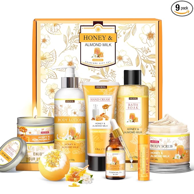 Gifts for Women, Birthday Gift for Women, 9 Pc Almond Milk & Honey Bath and Body Gifts Set, Self Care Gifts Spa Gift Basket, Relaxing Bath Sets for Mom, Girlfriend, Sister, Female Friends, Coworker
