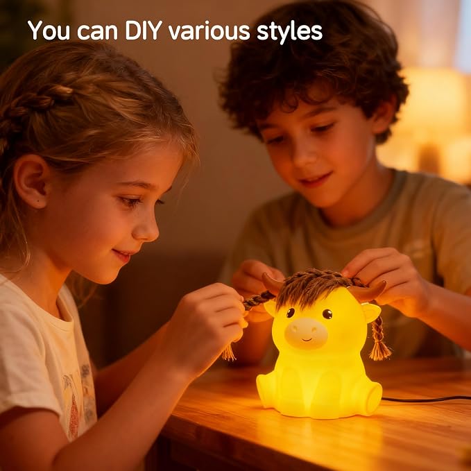 Led Cute Highland Cow Night Light, Dimmable Timer Nursery Kawaii Lamps, Super Squishy Silicone USB Rechargeable Touch Control Night Lamp, Used for Camping Party Room Decor (Highland Cow)
