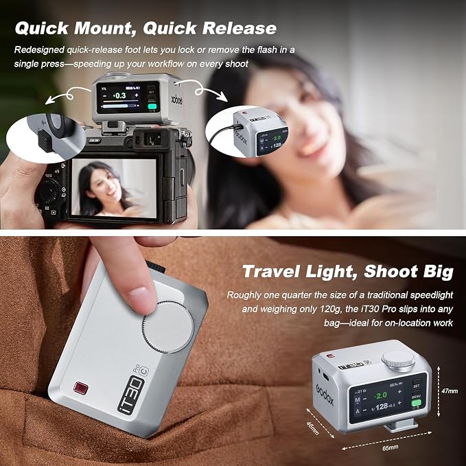Godox iT30 Pro C TTL Mini Flash for Canon with Diffuser—HSS 1/8000s, 2.8" Full-Color Touchscreen, 2.4G Wireless X System, Magnetic Mount, Tilt/Swivel Camera Speedlight (Silver)