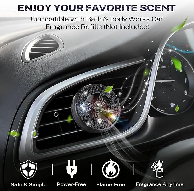 1 Pack Car Fragrance Holder Compatible with Bath & Body Works Refills (Not Included), Air Freshener Vent Clip or Visor Clip, Refillable Scent Holder, Easy to Open Car Diffuser (Diamond Black)