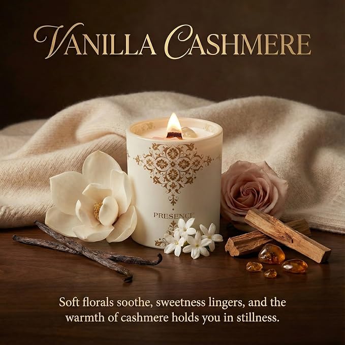 Healing Crystal Candle Gift for Women - Vanilla Cashmere Luxury Soy Candle with Crystals - Rose Quartz & Citrine - Gift-Ready Aromatherapy Candle for Stress Relief, Meditation & Manifestation