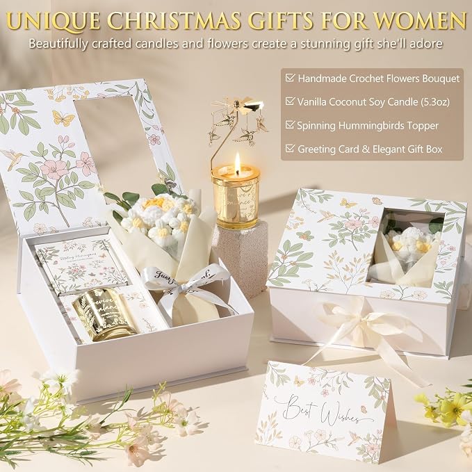 Mothers Day Gifts for Women Mom Friend Sister, Unique Birthday Gifts for Women Girlfriend Wife Daughter, Christmas Candles Hummingbird Rotating Scented Candles Set for Woman w/Crochet Flower Bouquet