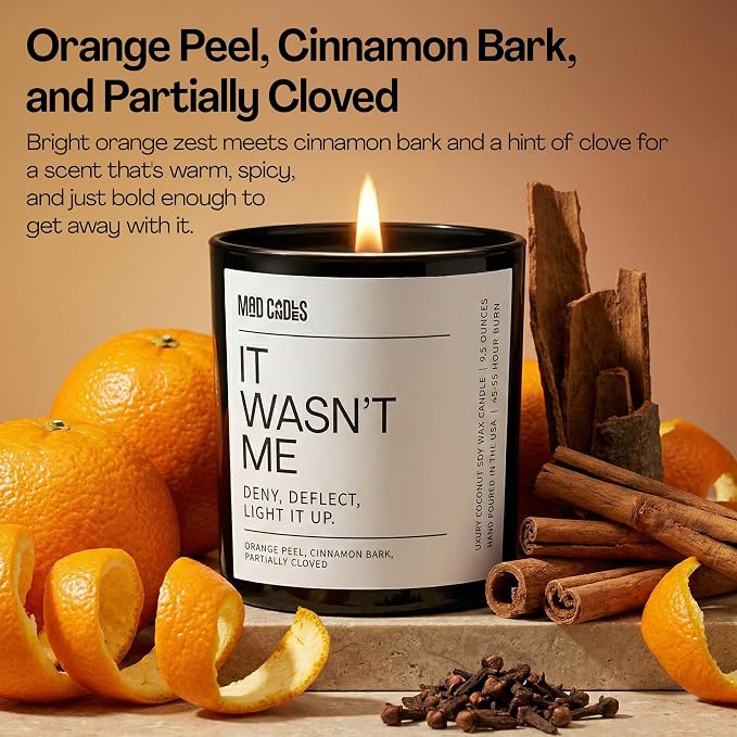 – It WASN’t Me – Sophisticated Warm Spice Scent – Bold Black Candle – 9.5 oz Coconut Soy Wax Blend, Eco-Friendly Gift for Women & Men, Hand Poured in USA, 55-Hour Burn, Clean Cotton Wick
