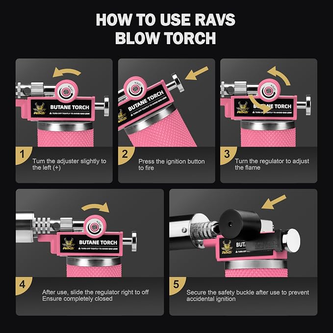 RAVS Butane Torch, Premium Metal Pink Torch Lighter with Adjustable Flame & Safety Buckle, Food Torch for Baking, BBQ, Desserts, Unique Gifts for Women, Butane Fuel Not Included