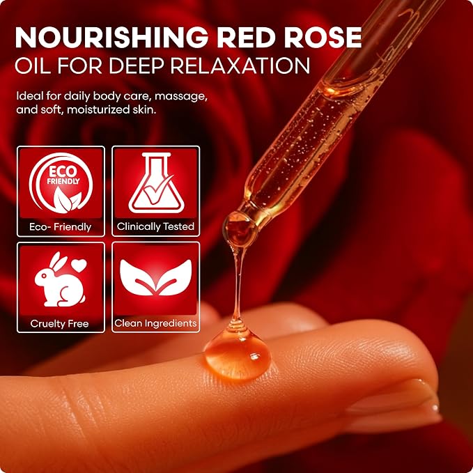 Brookstone Red Rose Multi-Use Essential Oil for Hair, Face & Body - Deep Floral Rose Aroma, Enriched with Rosehip, Castor & Olive Oils (4 fl oz / 118 mL)