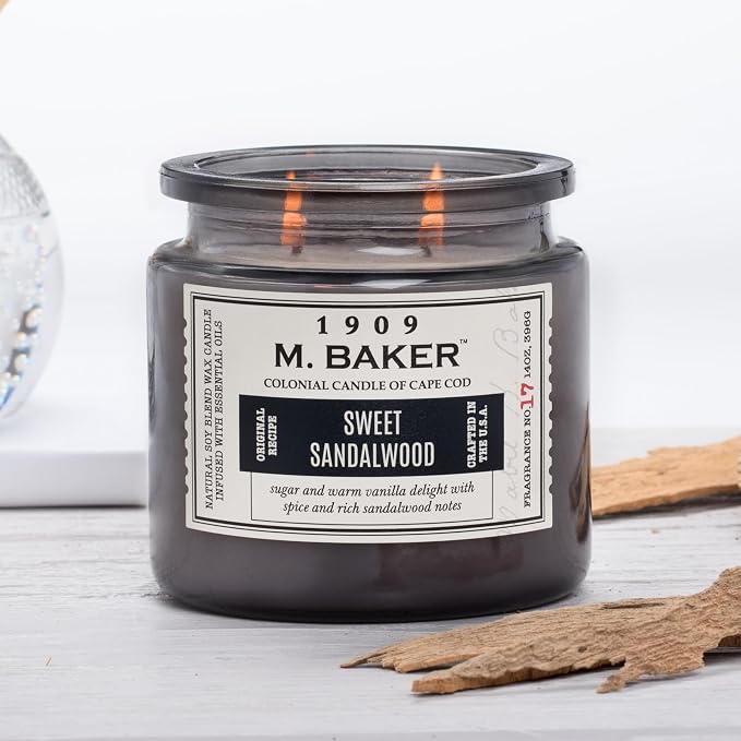 Colonial Candle Sweet Sandalwood Scented Jar Candle | 2-Wick Natural Soy Blend Wax Candle for Home | Relaxing Aromatherapy Candle Infused with Essential Oils | M. Baker Apothecary Glass Jar Candle