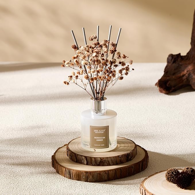 Airkeep Reed Diffuser Set,3.38 fl oz (100 ml) - Moroccan Amber Oil Diffusers with 8 Reed Sticks, Home Fragrance Reed Diffuser for Bathroom Shelf Decor