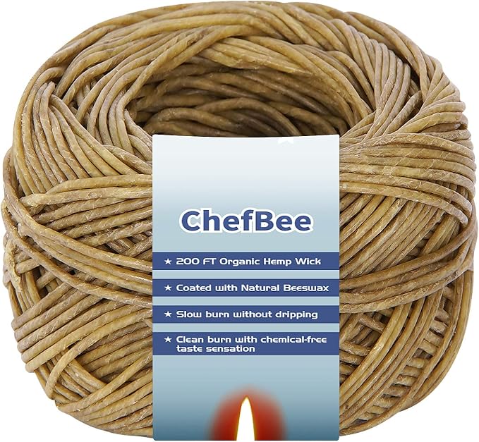 CHEFBEE 200 FT Organic Hemp Wick, Well Coated Natural Beeswax for Hemp Wick Lighter or Candle Making, Slow Burn, No Dripping, Standard Size(1.1mm)