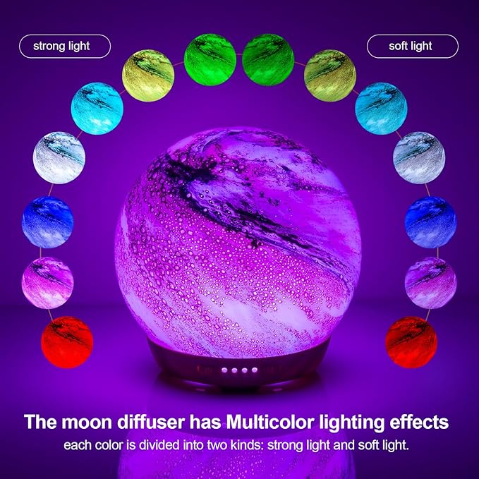 Moon Essential Oil Diffuser, Glass Cool Mist Humidifier with 4 Timer,7 LED Colors and Waterless Auto Shut-Off Settings for Baby Home Office (250ml)