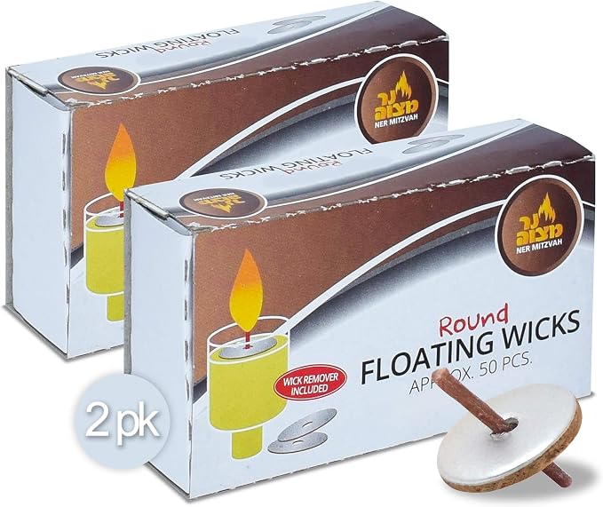Ner Mitzvah Round Floating Wicks – 100 Count (Approx.), Cotton Wicks and Cork Disc Holders for Oil Cups - Bonus Wick Removal Tweezers
