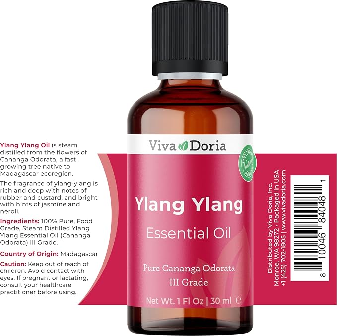 Viva Doria Ylang Ylang Essential Oil, 100% Pure, Natural Essential Oil, Undiluted, for Aromatherapy | Food Grade, 30 mL (1 Fluid Ounce)