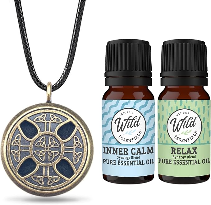 Wild Essentials Celtic Cross Aged Brass Necklace Essential Oil Diffuser Kit, Lavender, Lemongrass, Peppermint, Orange Oils, 12 Pads, Calming Aromatherapy Gift Set, Customizable Color Changing, Perfume