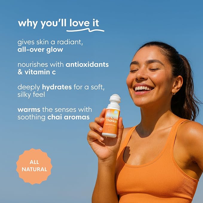 Massage Oil Roll On, Charmed by Chai, Vegan, Cold Pressed Roll On with Vitamin C, Cinnamon, Cardamom, & Caffeine, Use After Shower or Before Bed, Self Care Essential, 3 FL OZ