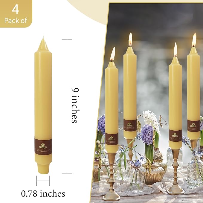Beeswax Taper Candles 9 inch - 4 Pack Fat Candle Taper Candles Dripless, Smokeless, Unscented Tall Candlesticks - Perfect for Home Decor, Weddings, and Special Occasions