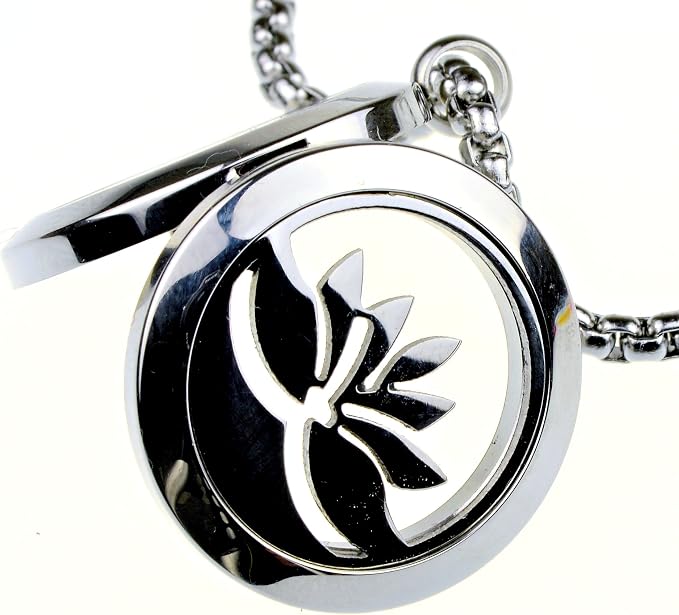 Wild Essentials Open Lotus Flower Essential Oil Diffuser Necklace, Stainless Steel Locket Pendant with 24 inch Chain, 12 Color Refill Pads, Customizable Color Changing Perfume Jewelry for Aromatherapy