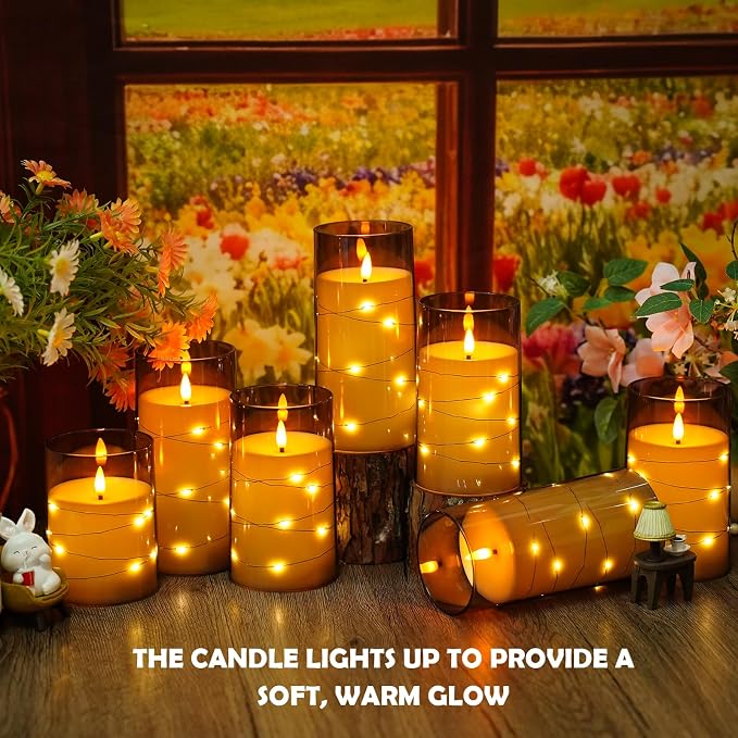 kakoya Flameless LED Candles with Timer 12 Pc Flickering Flameless Candles for Romantic Ambiance and Home Decoration Stable Acrylic Shell,with Embedded Star String，Battery Operated Candles(Grey)