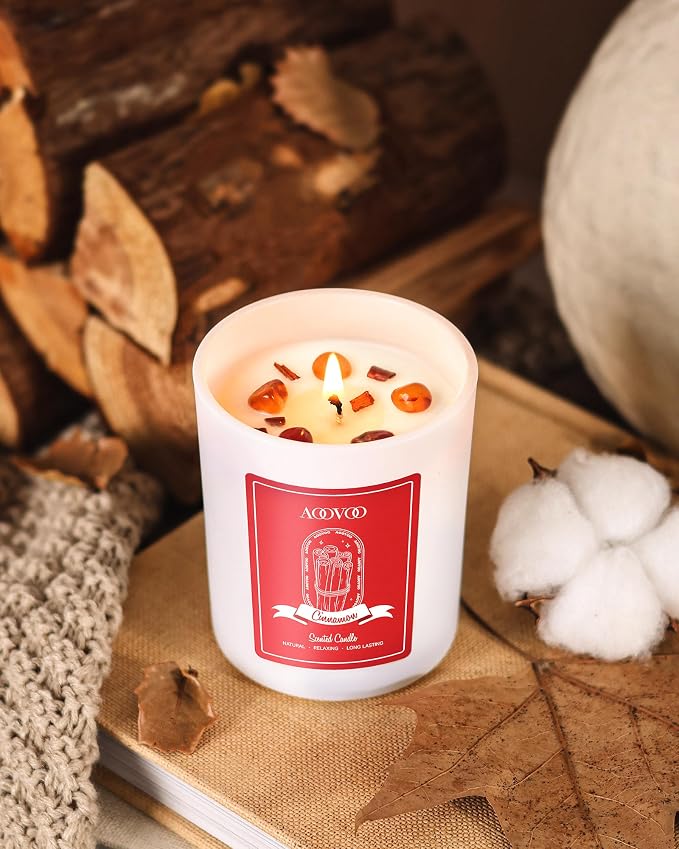 AOOVOO Cinnamon Scented Candles for Women - Aromatherapy Candle with Crystals Inside, 7oz Soy Candles for Home Scented, Mothers Day Birthday Gifts Candle for Women Mom