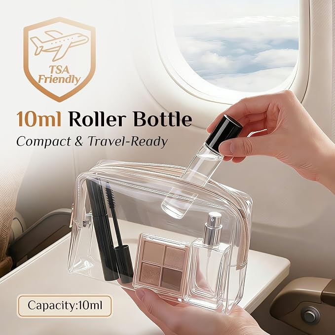 PrettyCare 4 Pack, 10 ml Essential Oil Roller Bottles with Stainless Steel Roller Ball - Refillable Leak-proof Empty Thick Clear Glass Roll on Bottles with Black Caps for Travel, Perfume