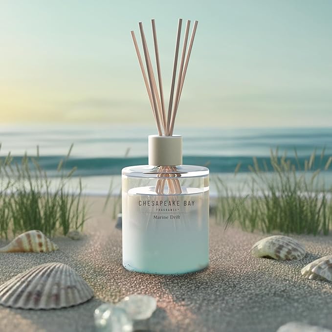Chesapeake Bay Mood-Evoking Reed Diffuser, Marine Drift Scent, Sea Glass-Inspired Jar, Room Filling Fragrance Made with Essential Oils, Coastal Fragrance for Home Décor or Gifting