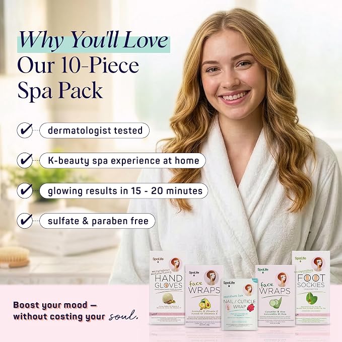 SpaLife 10 Piece Korean Face Mask & Moisturizing Hand Gloves Set | Foot Mask Socks for Dry Cracked Hands & Feet | Korean Skincare Cuticle Repair Mask Women | Self Care Gifts for Women | 10 Pack