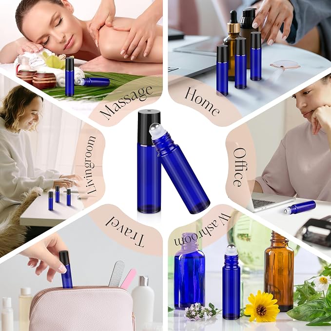 10ml Roller Bottles for Essential Oils, 6 Pack Cobalt Blue Thick Glass Bottles with Stainless Steel Roller Balls and 2 Droppers