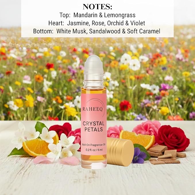 Crystal Petals Perfume Oil Roll-On – Long Lasting Jasmine & Rose Fresh Floral Attar, Concentrated Alcohol Free Luxury Arabian Blend, Premium Unisex Fragrance, 6 ml (0.2 fl oz)
