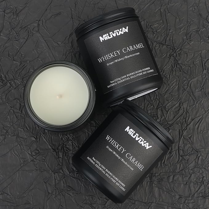 MILIVIXAY Candle for Men Whiskey Caramel Scented Classic 9oz Jar Single Wick Candle, Soy Wax Candles for Consistent Burn, Over 50 Hours of Burn Time, Ideal for Creating Relaxing & Holiday Gifting.