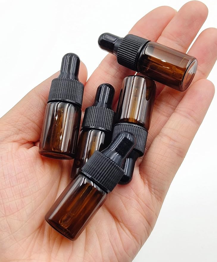 15Pcs 3ml Empty Tiny Amber Glass Mini Dropper Bottles for Essential Oils, Fragrances, and Other Liquids, with Dropper and Black Caps Travel Sample Vials