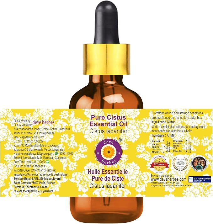 Deve Herbes Pure Cistus Essential Oil (Cistus ladanifer) with Glass Dropper Steam Distilled 10ml (0.33 oz)