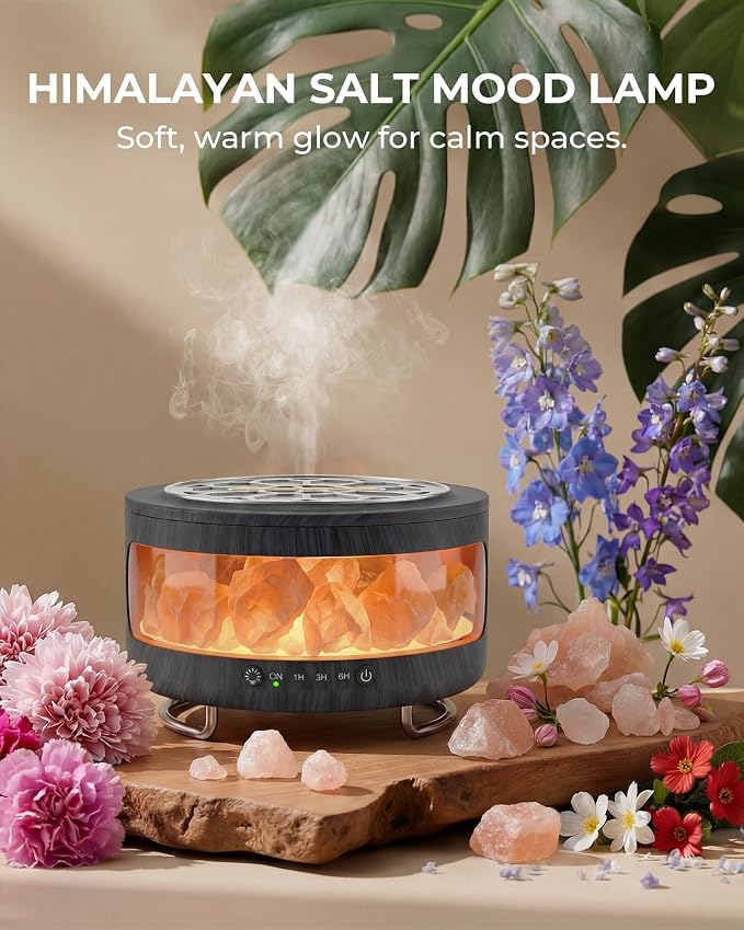 Essential Oil Diffuser with Himalayan Salt Lamp, 350ml Ultrasonic Aromatherapy Humidifier, 7 Colors LED Light, Timer & Auto Shut-Off for Home Bedroom Office Spa Yoga
