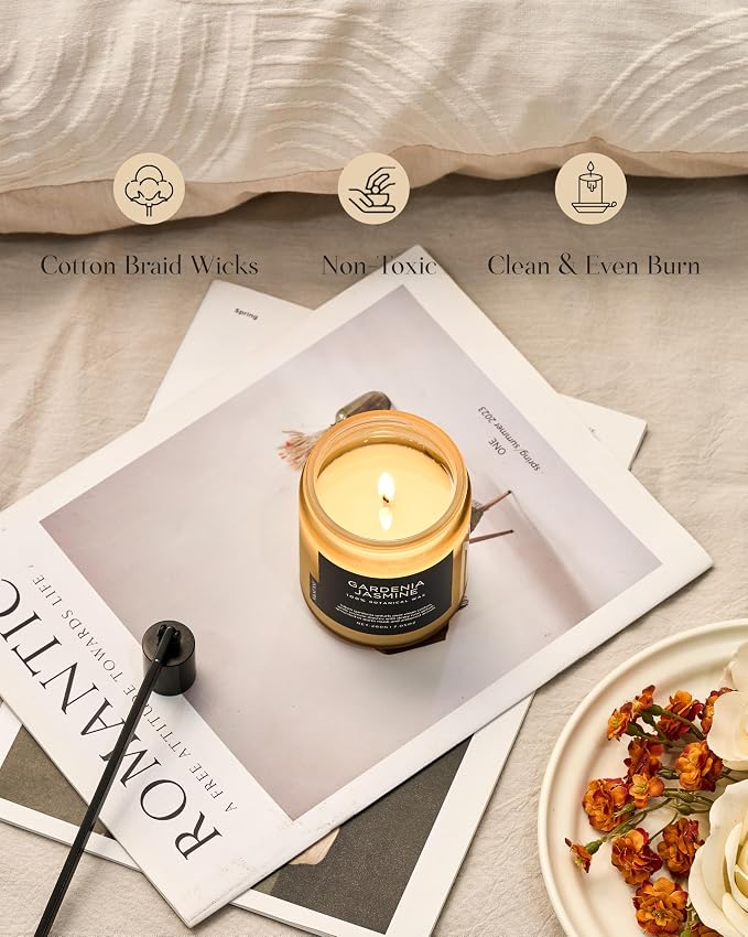M&SENSE Gardenia Jasmine Scented Candles, 7.05oz Natural Soy Wax, Clean Non Toxic, 50 Hours Slow Burning Floral Scented Aromatherapy Candle for Housewarming Gifts Bath & Office