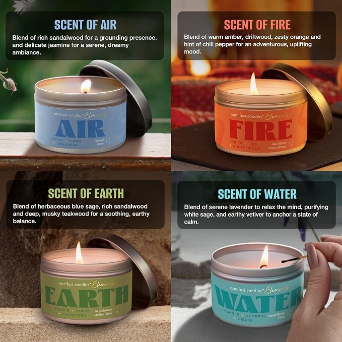 Zodiac Candles Gift Set 4 Pack – Astrology Candles for Women, Horoscope Candle Set with Fire Earth Air & Water Elements, Coconut Soy Wax, 7oz Tin Candle – Zodiac Gifts for Women, Astrology Gifts
