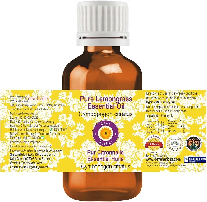 dève herbes Lemongrass Essential Oil (Cymbopogon citratus) Pure | Non-Sticky | Non-Greasy | Lightweight | Men & Women | All Skin Types | Steam Distilled 30ml (1 oz)