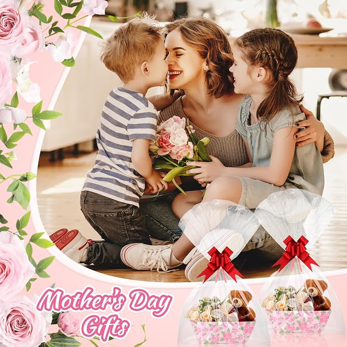 Skyygemm 6 Pack Empty Gift Baskets to Fill, Thick Cardboard Market Trays with Clear Cellophane Bag & Pull Bow, DIY Make Your Own Hamper Kit, Floral Boxes for Women Birthday Wedding(Rose)