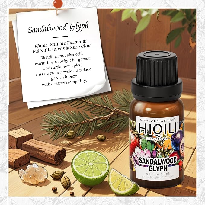 HIQILI Sandalwood Glyph Diffuser Oil, Inspired by Gio. Santal, Fall Scents, Long Lasting Scents for Home Diffuser, Relaxing - 0.34 Fl Oz