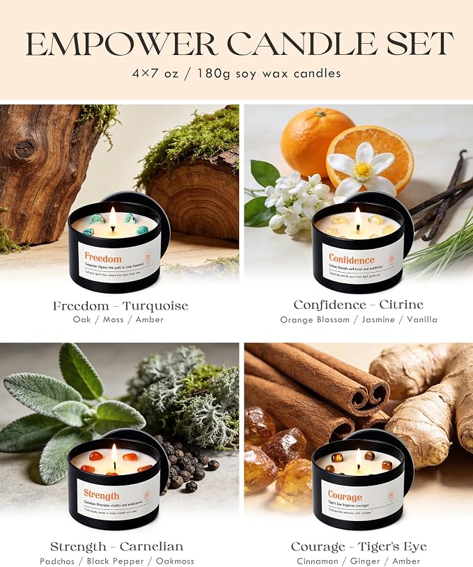 AOOVOO Crystal Empower Candles Set for Women - 4 Pack 26 oz Soy Wax Candles for Home Scented, 200 Hour Long Lasting Candle, Freedom Turquoise/Confidence Citrine/Strength Carnelian/Courage Tiger's Eye