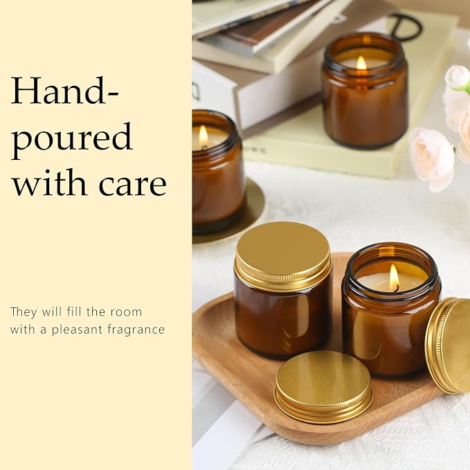 24 Pcs 4 Oz Mason Jar Candles, Vanilla Scented Soy Candles Bulk Set for Stress Relief and Relaxation, Great Favors for Wedding, Christmas, Housewarming Gifts (Gold,Amber Glass, Vanilla, 24)