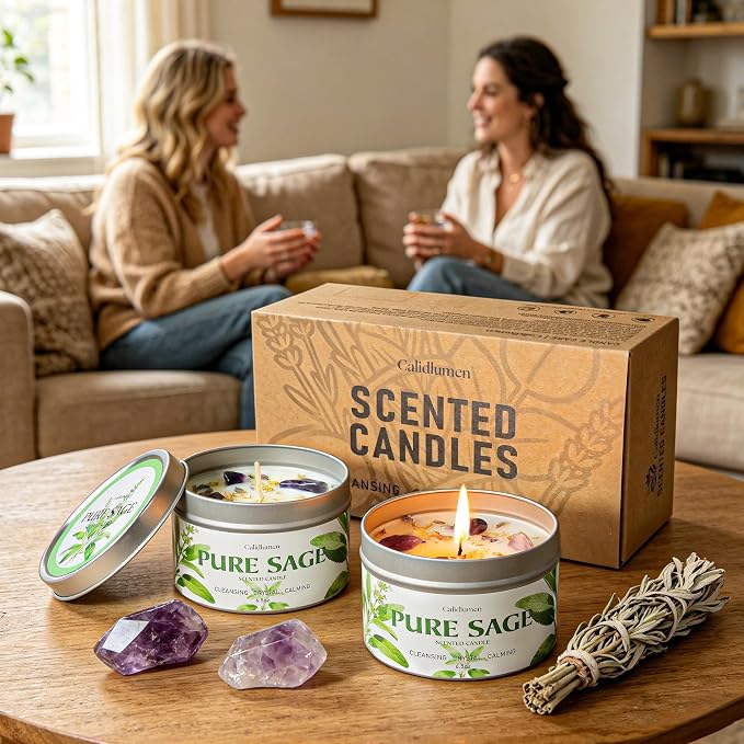 Pure Sage Candle for Cleansing - 2Pc Soy Scented Candle with Crystals & Sage Leaves Inside, House Negative Energy Kit, Spiritual Gift for Women