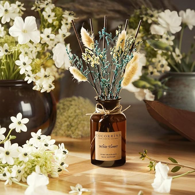 Cocorrína Reed Diffuser Set, 6.7oz Flower Reed Diffuser with Real Preserved Flowers - White Flower Scented Oil & Sticks - Long Lasting Home Fragrance for Bedroom Bathroom Shelf Decor