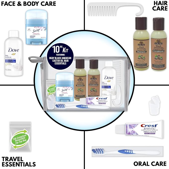 Convenience Kits International Women’s Deluxe 10 PC Kit Featuring: OKAY Black Jamaican Castor Oil Hair, Body, Oral Care, Travel-Size Travel Essentials