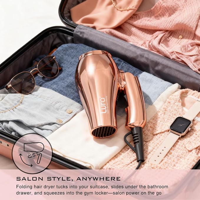LURA Auto Dual Voltage Travel Hair Dryer with Diffuser,Travel Blow Dryer Mini with EU Plug and UK Plug,Lightweight Portable Hairdryers with Folding Handle,1200W Compact Small Blowdryers for Women